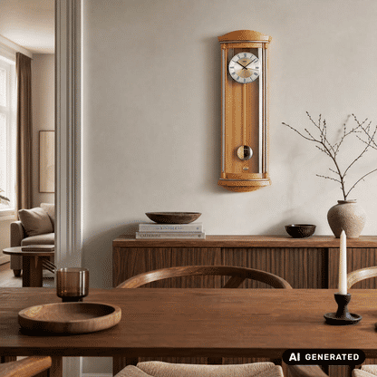 Pendel-Wanduhr aus hellem Holz mit Wurzelholz-Finish, Glasfront und römischem Zifferblatt