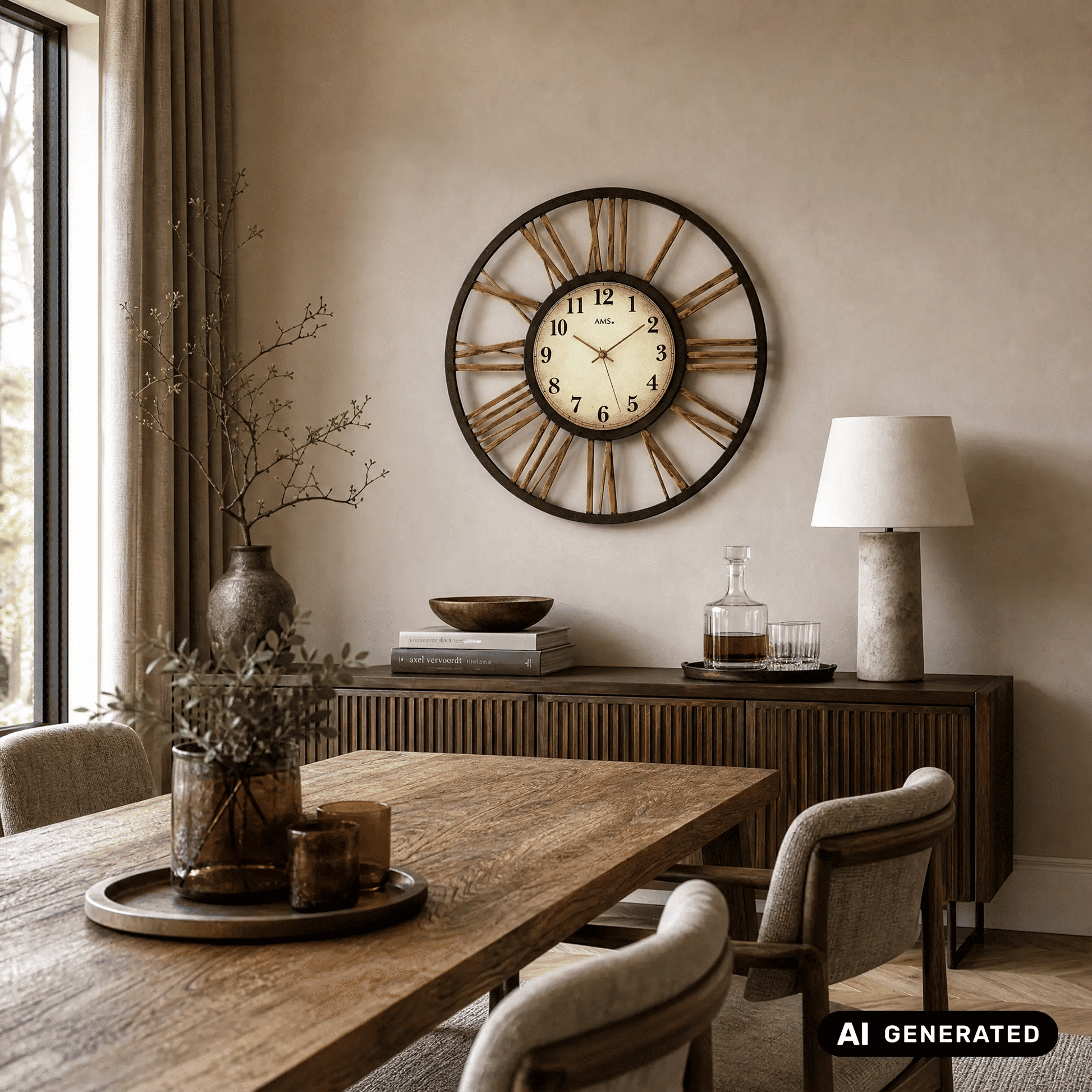 Wanduhr im Vintage-Look an der Wand: dunkler Rahmen, beiges Zifferblatt, goldene Strahlen
