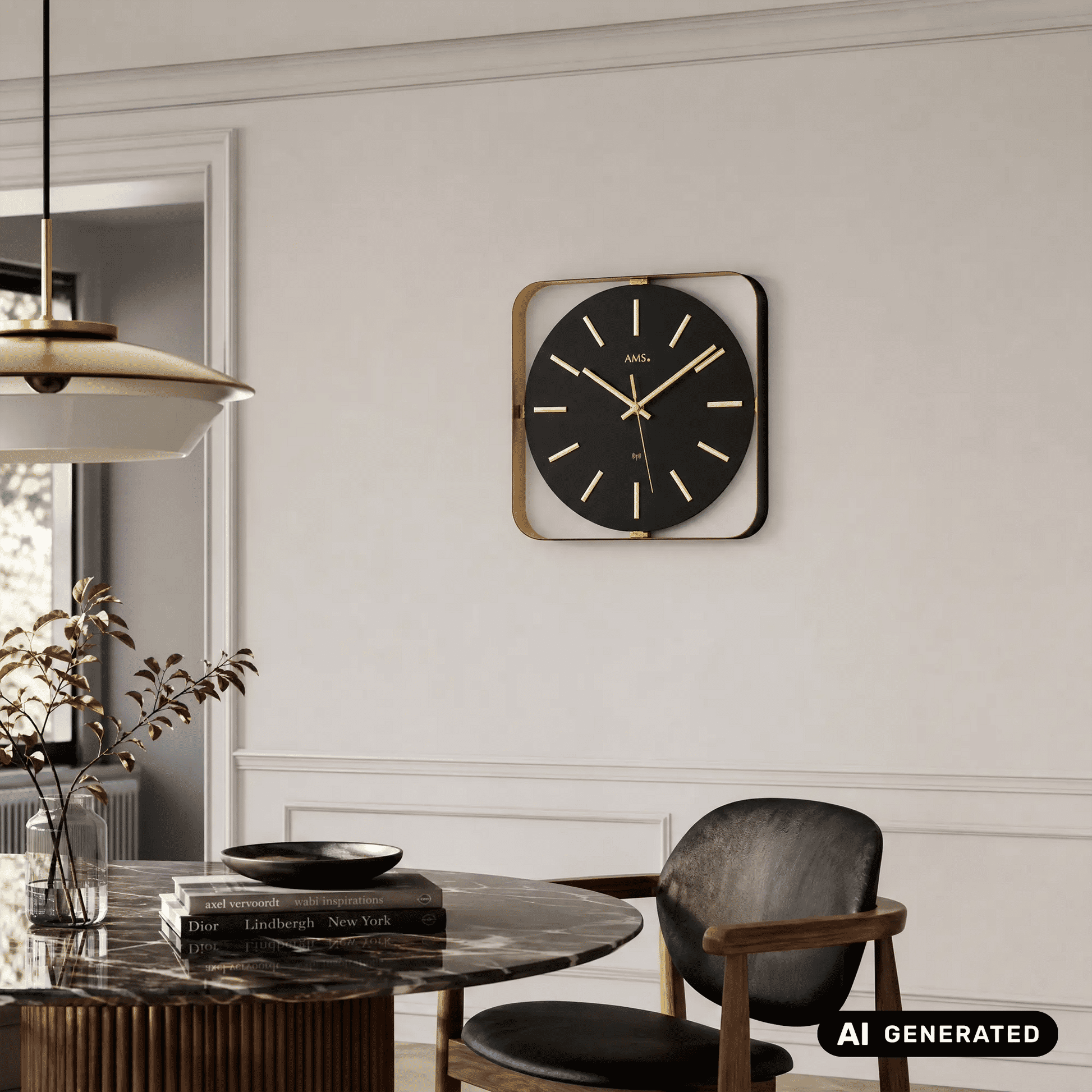 Funkwanduhr an der Wand: quadratischer Metallrahmen, schwarzes Zifferblatt, goldene Zeiger