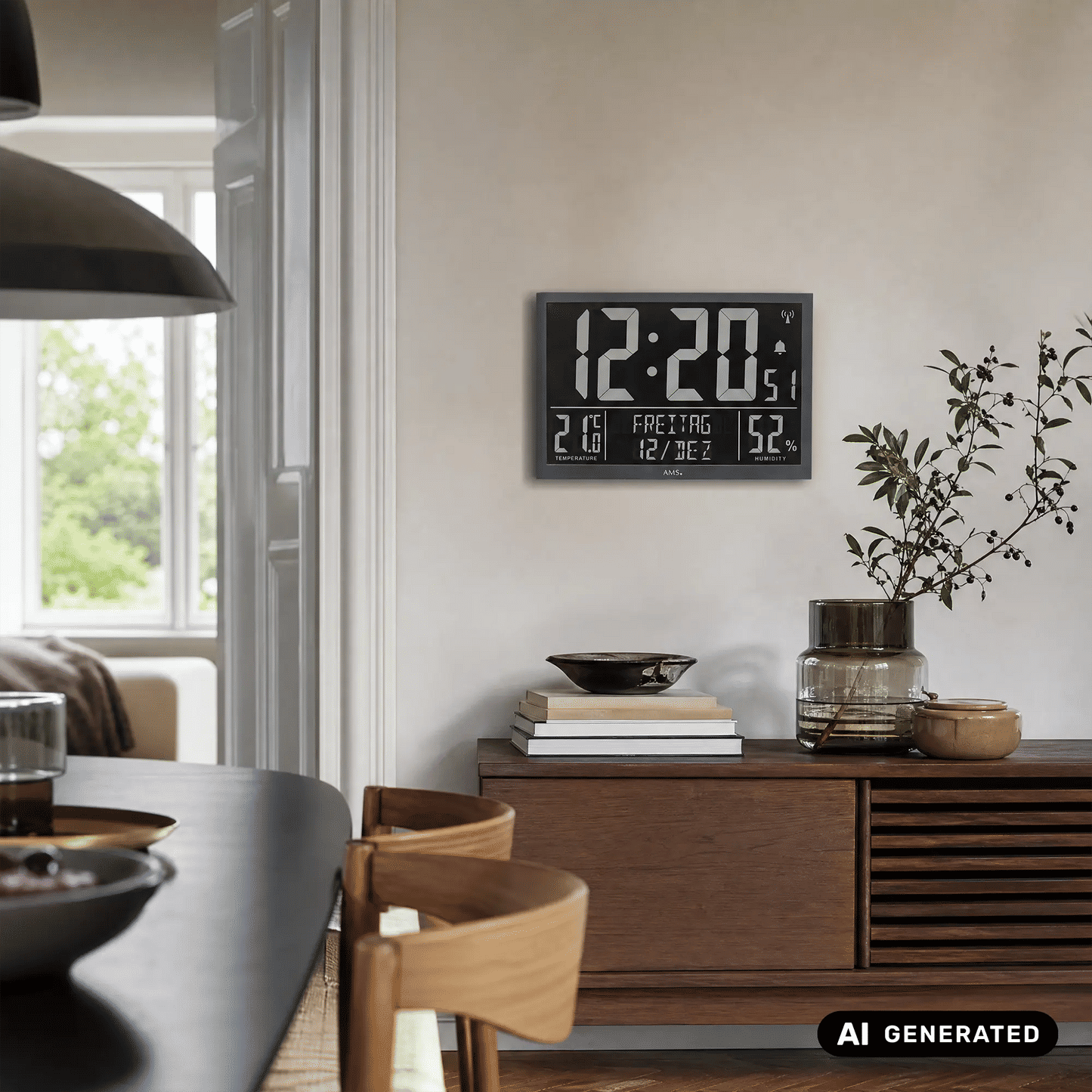 Wanduhr mit LCD-Anzeige an der Wand, zeigt Uhrzeit, Temperatur 26°C und 52%.