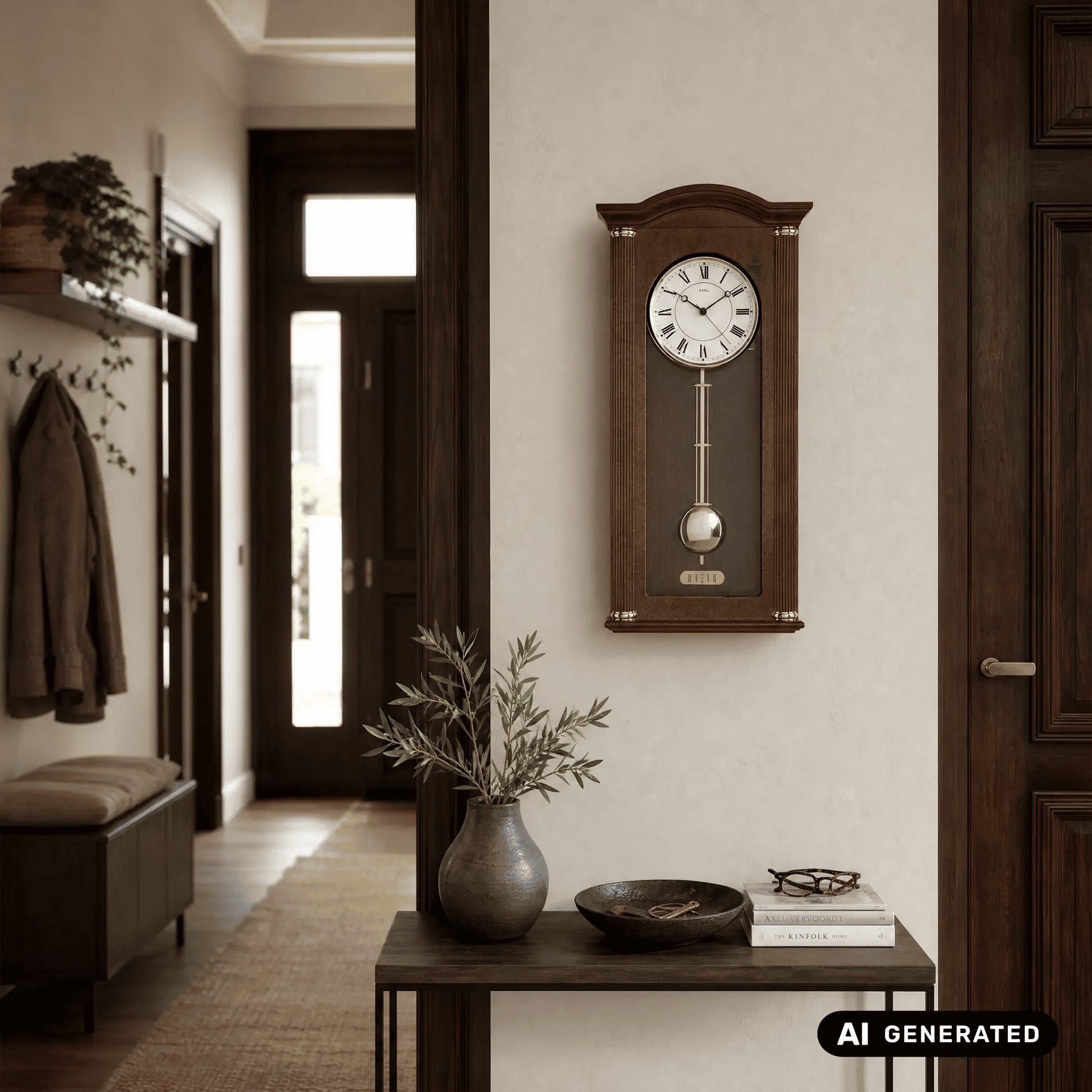Wanduhr-Pendeluhr in Nussbaumholzoptik mit römischen Ziffern und Messingpendel
