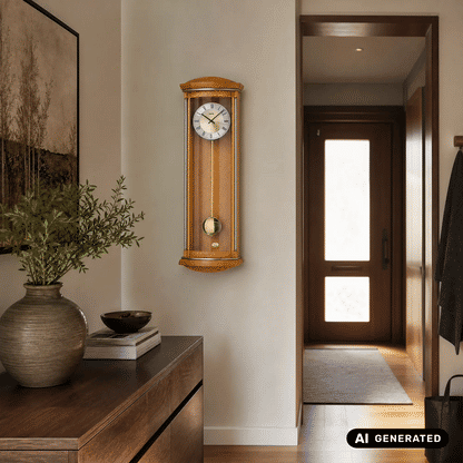 Pendel-Wanduhr aus hellem Holz mit Wurzelholz-Finish, rundes Uhrglas und römische Ziffern