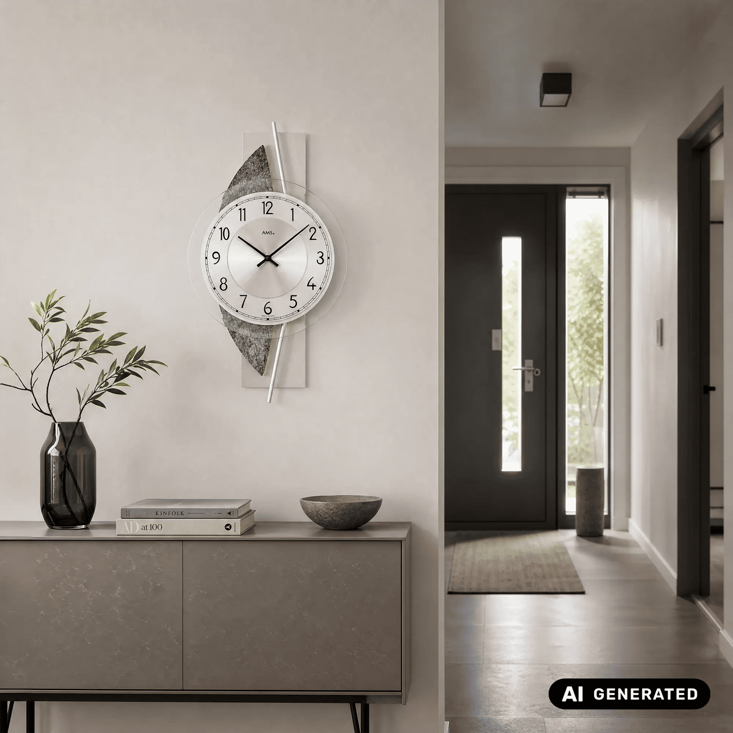 Wanduhr an der Wand mit rundem, weißem Zifferblatt und schwarzen Zeigern, grauer Akzent
