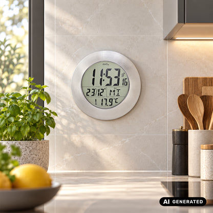 Funk-Wanduhr an Wand, rundes Aluminiumgehäuse mit LCD-Display und Thermometer