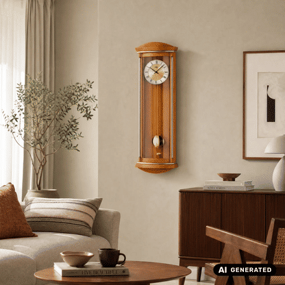 Pendel-Wanduhr aus hellem Holz mit Wurzelholz-Finish, Glasfront und römischem Zifferblatt