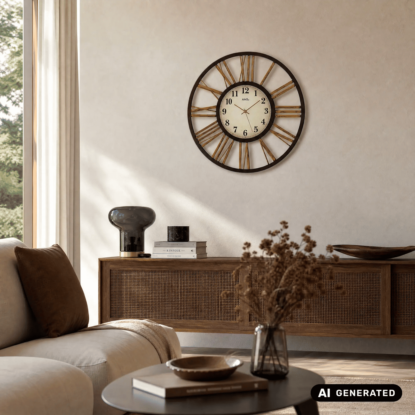 Wanduhr mit beigem Zifferblatt, dunklem Metallrand und goldenen Strahlen am Außenrand