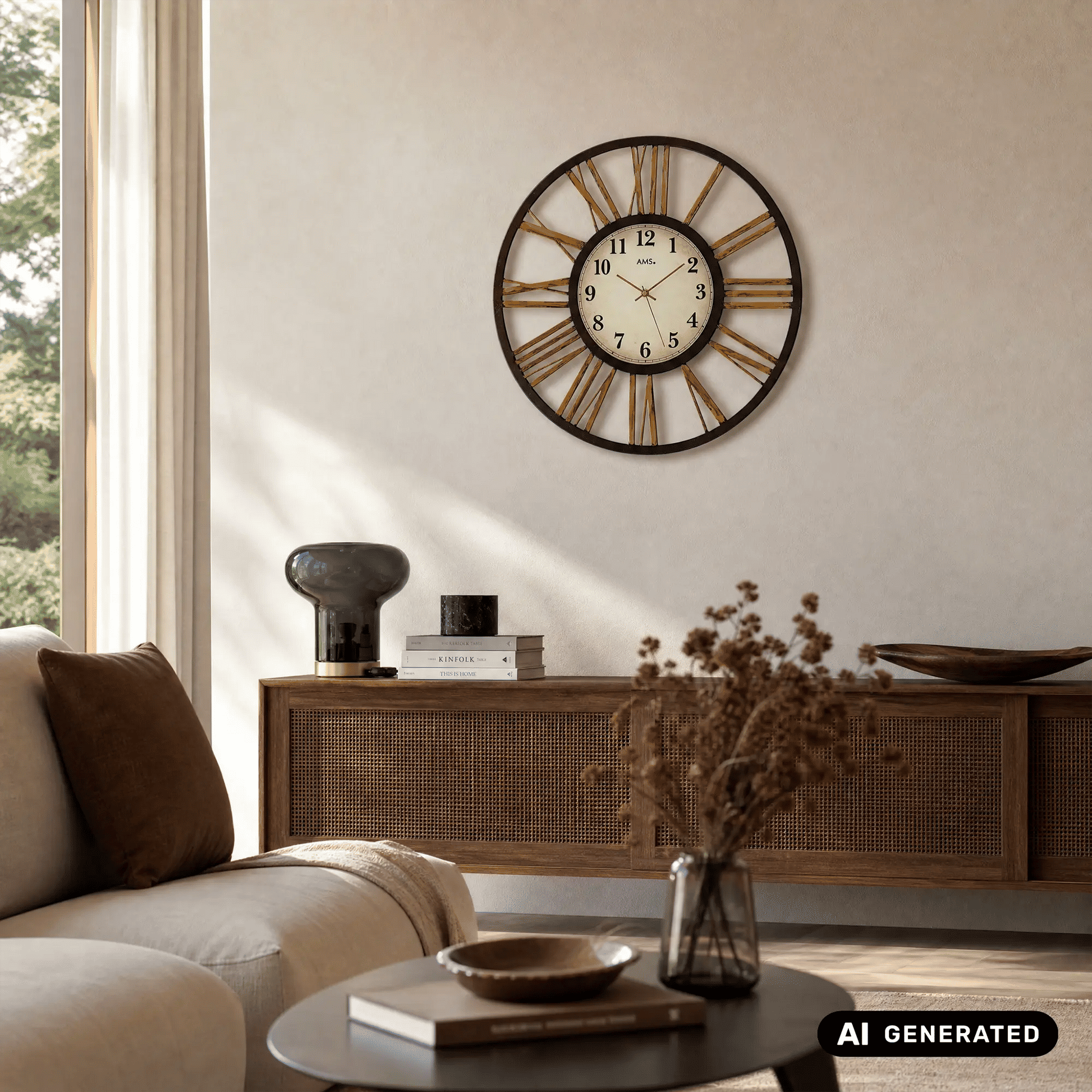 Wanduhr mit beigem Zifferblatt, dunklem Metallrand und goldenen Strahlen am Außenrand