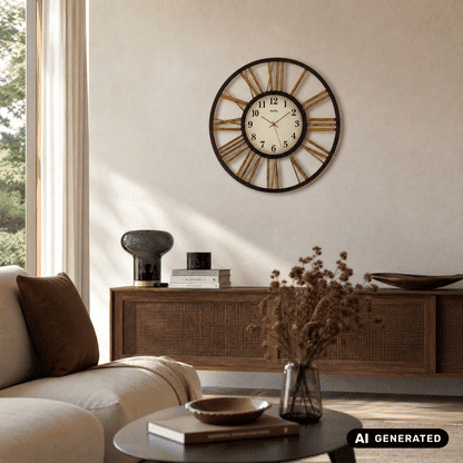 Wanduhr mit beigem Zifferblatt, dunklem Metallrand und goldenen Strahlen am Außenrand
