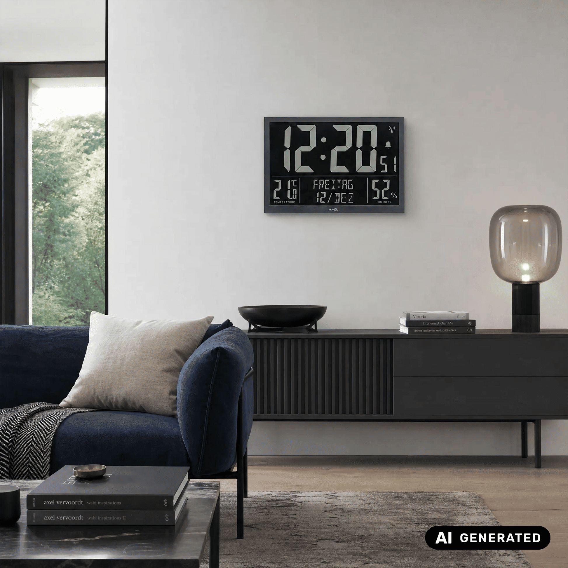Wanduhr mit LCD-Display an der Wand, große Anzeige für Uhrzeit, Temperatur und 52%.
