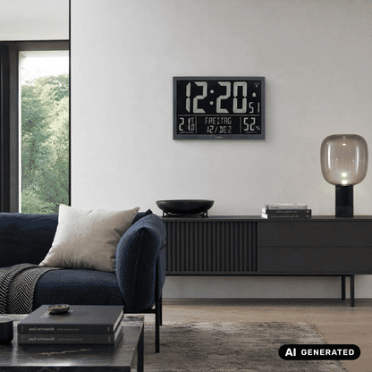 Wanduhr mit LCD-Display an der Wand, große Anzeige für Uhrzeit, Temperatur und 52%.