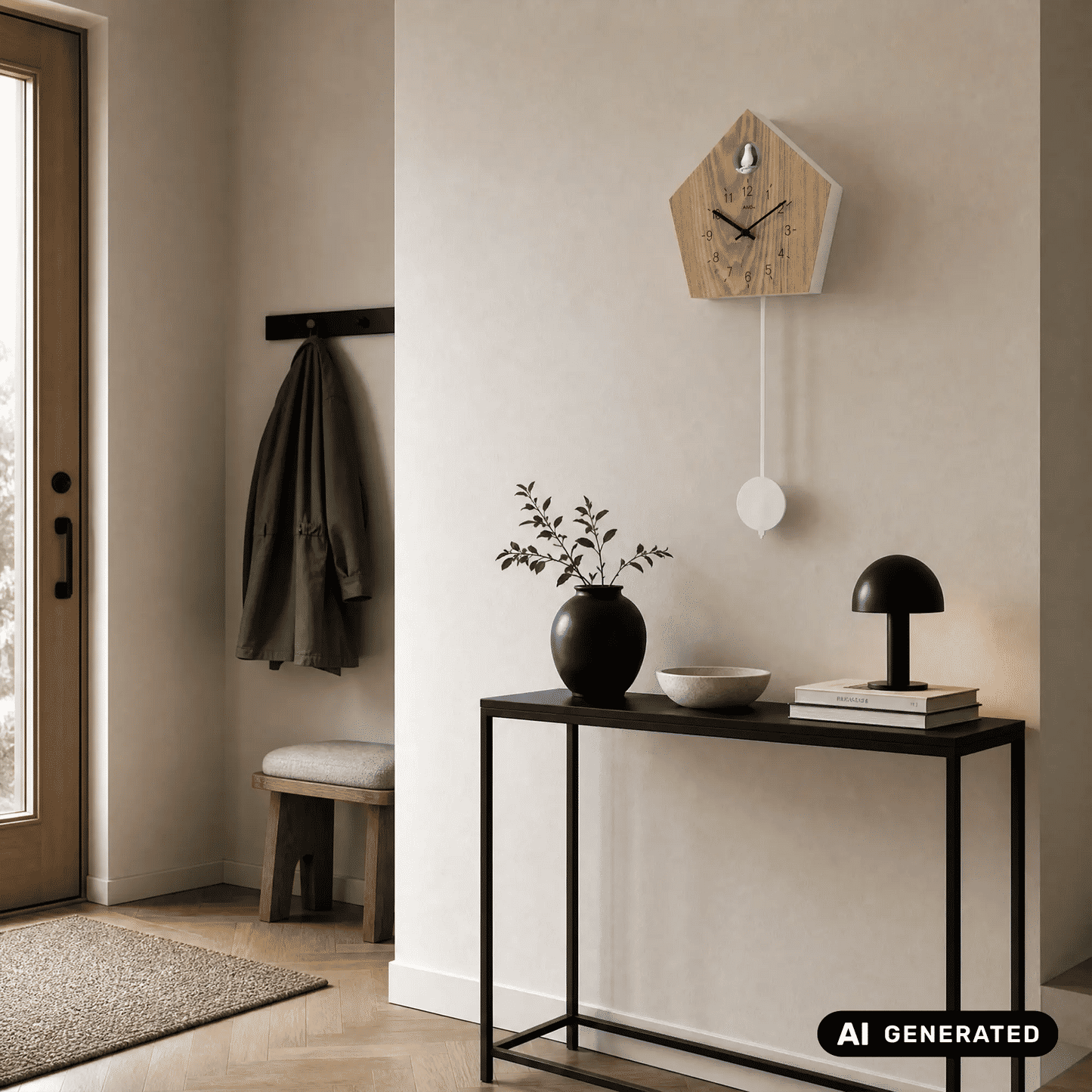 Wanduhr im Holzhaus-Design mit schwarzen Zeigern und hängendem weißem Kugelpendel