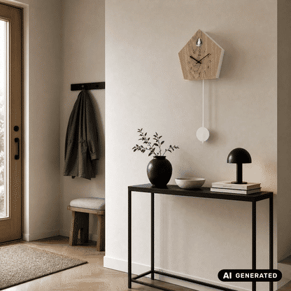 Wanduhr im Holzhaus-Design mit schwarzen Zeigern und hängendem weißem Kugelpendel