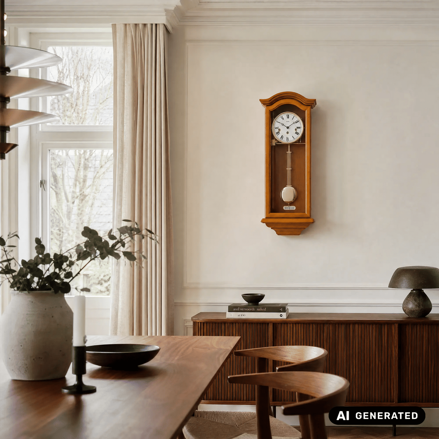 AMS Regulator-Wanduhr an der Wand mit Holzrahmen, Uhrwerk und rundem Pendel