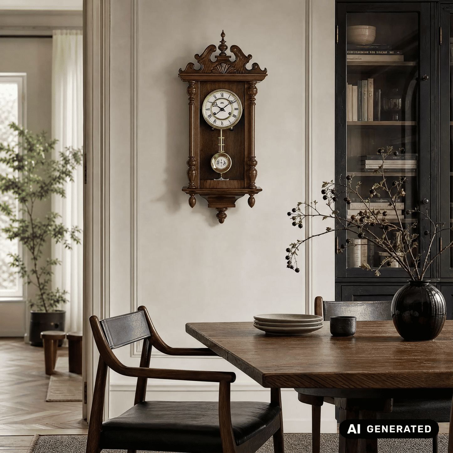 Wanduhr aus Nussbaumholz an der Wand mit weißem Zifferblatt und rundem Pendel