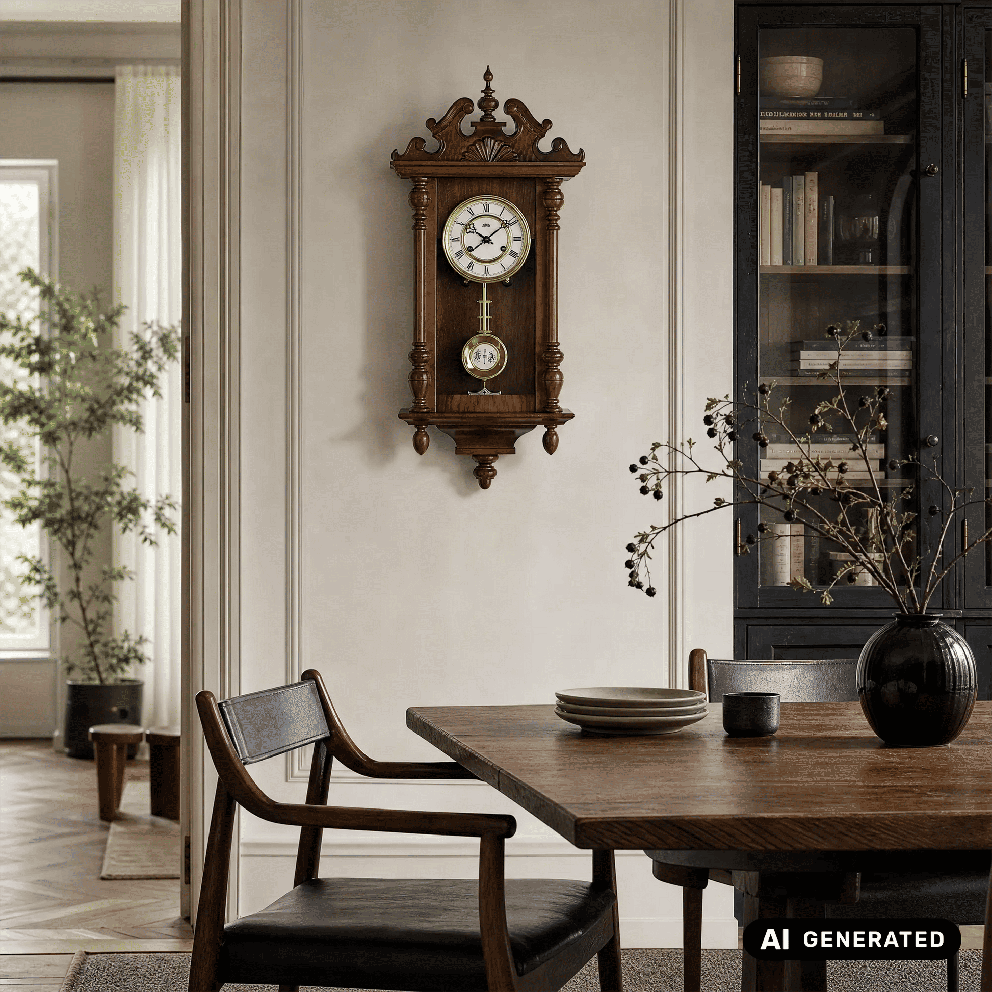 Wanduhr aus Nussbaumholz an der Wand mit weißem Zifferblatt und rundem Pendel