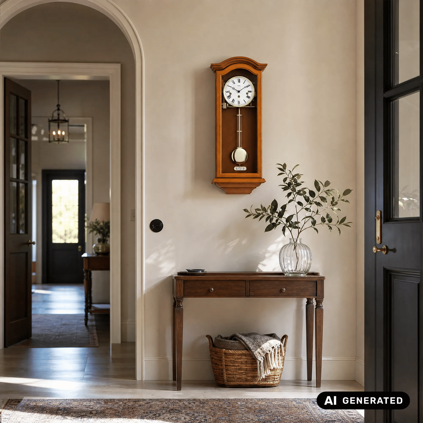 AMS Regulator-Wanduhr mit Holzgehäuse, Uhrzeiger im Zifferblatt und Pendel