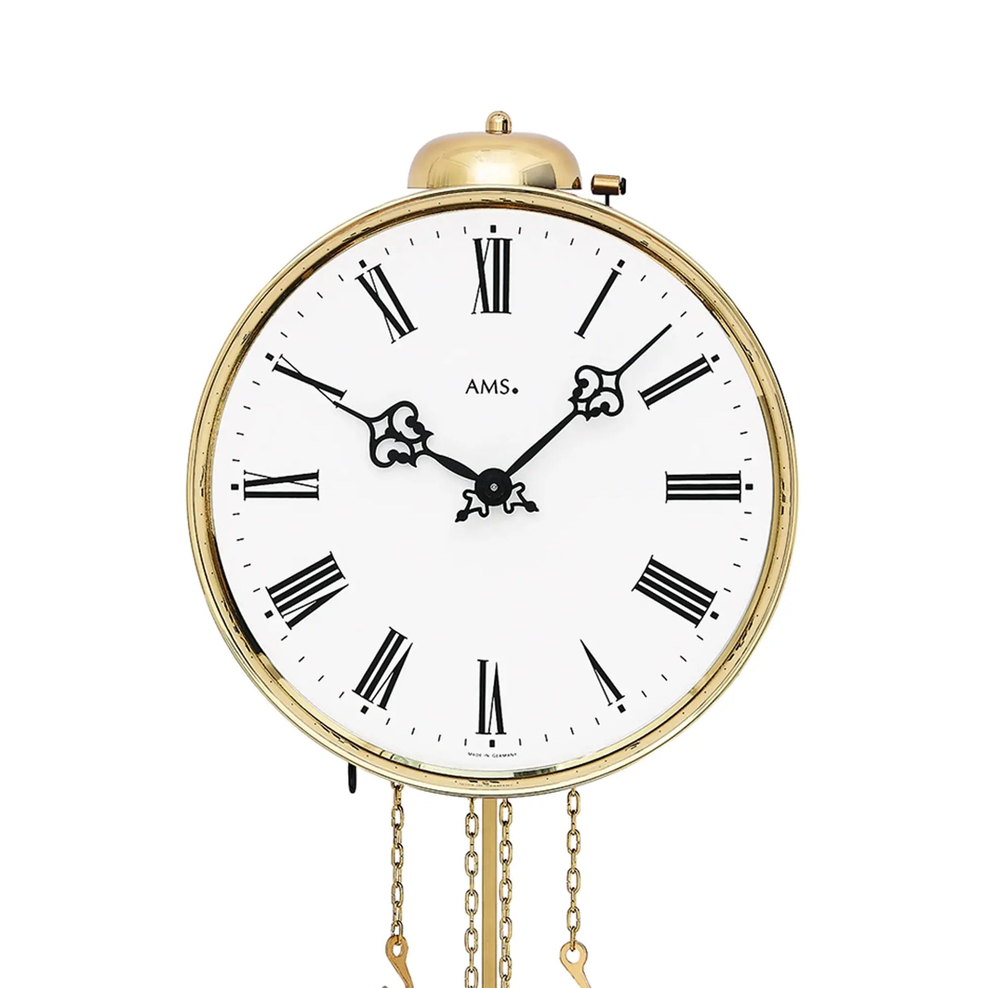 Wanduhr mit rundem Zifferblatt, goldfarbener Einfassung und schwarzen römischen Ziffern
