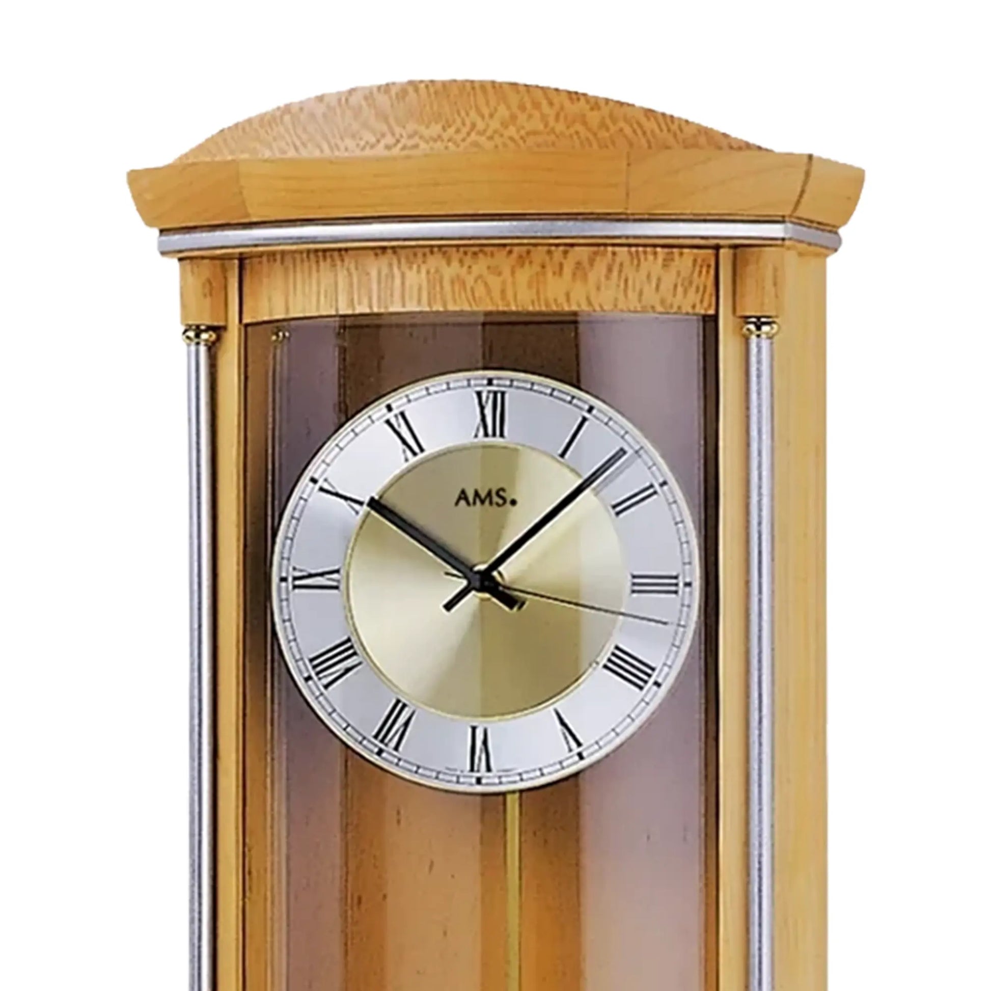 AMS Pendel-Wanduhr mit rundem Zifferblatt, römischen Ziffern und goldener Pendelkugel im Glas