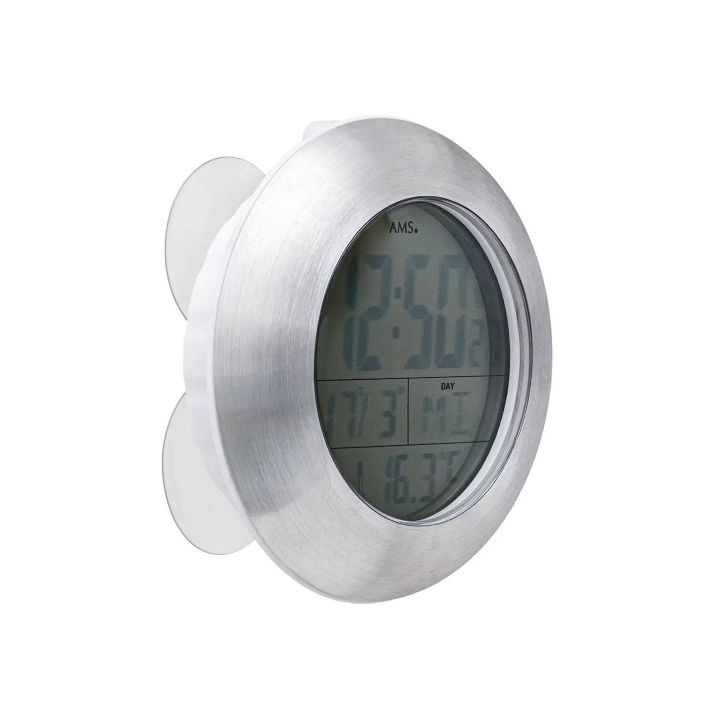 Runde Funk-Wanduhr mit LCD-Display und Thermometer, Aluminiumgehäuse
