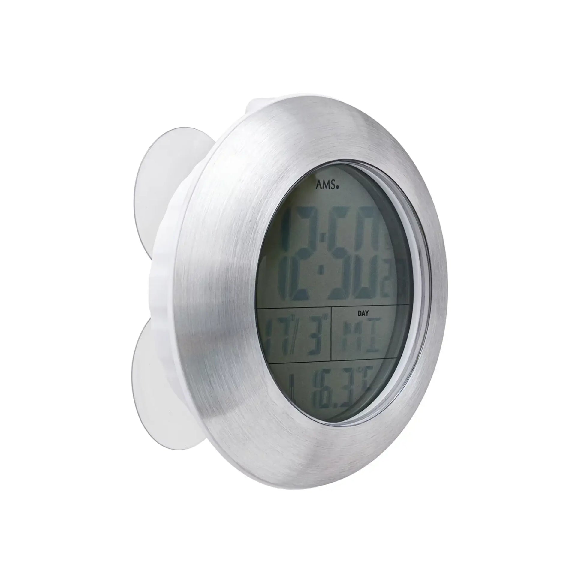 Runde Funk-Wanduhr mit LCD-Display und Thermometer, Aluminiumgehäuse
