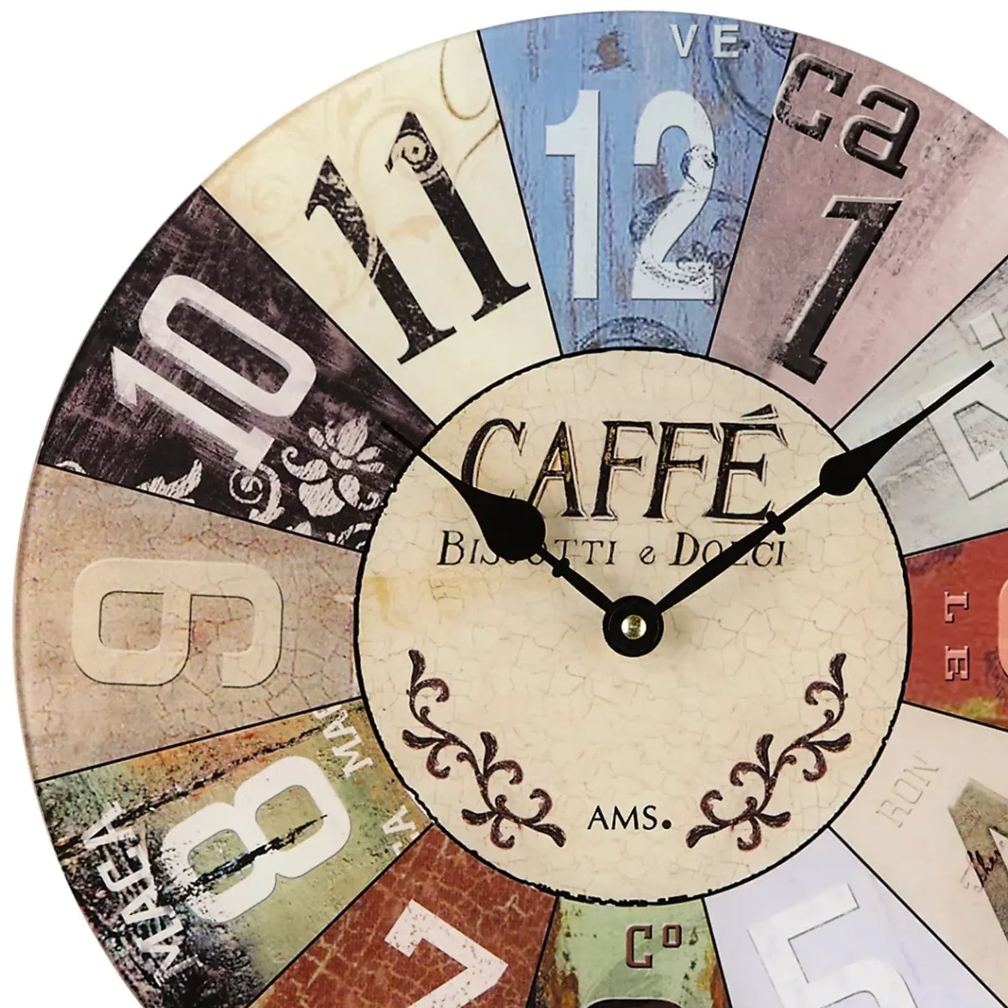 Runde Wanduhr mit bedrucktem Mineralglas, Kaffee-Ziffern und schwarzen Zeigern