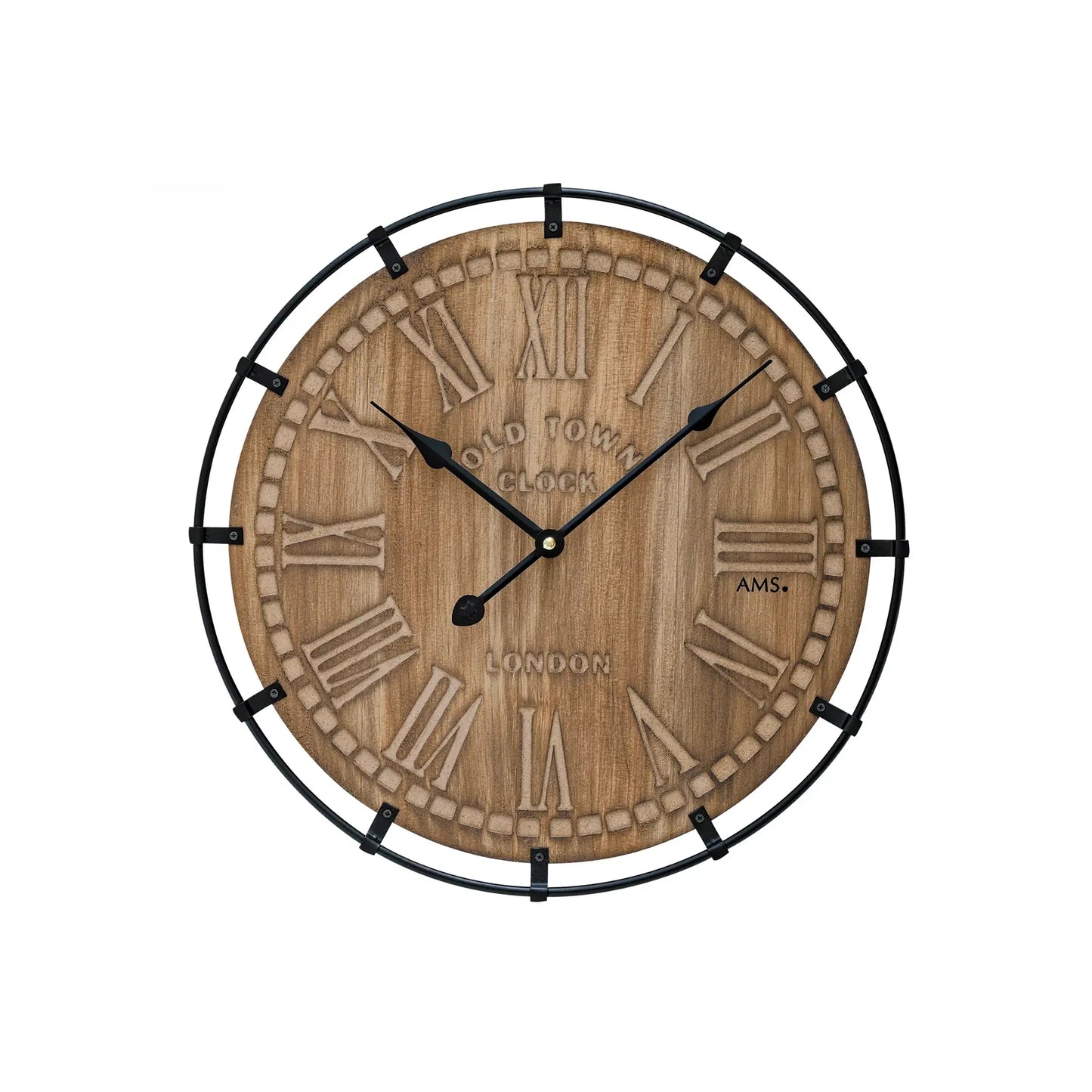 Runde Wanduhr mit Holz-Zifferblatt, römischen Ziffern, schwarzen Zeigern und schwarzem Rahmen