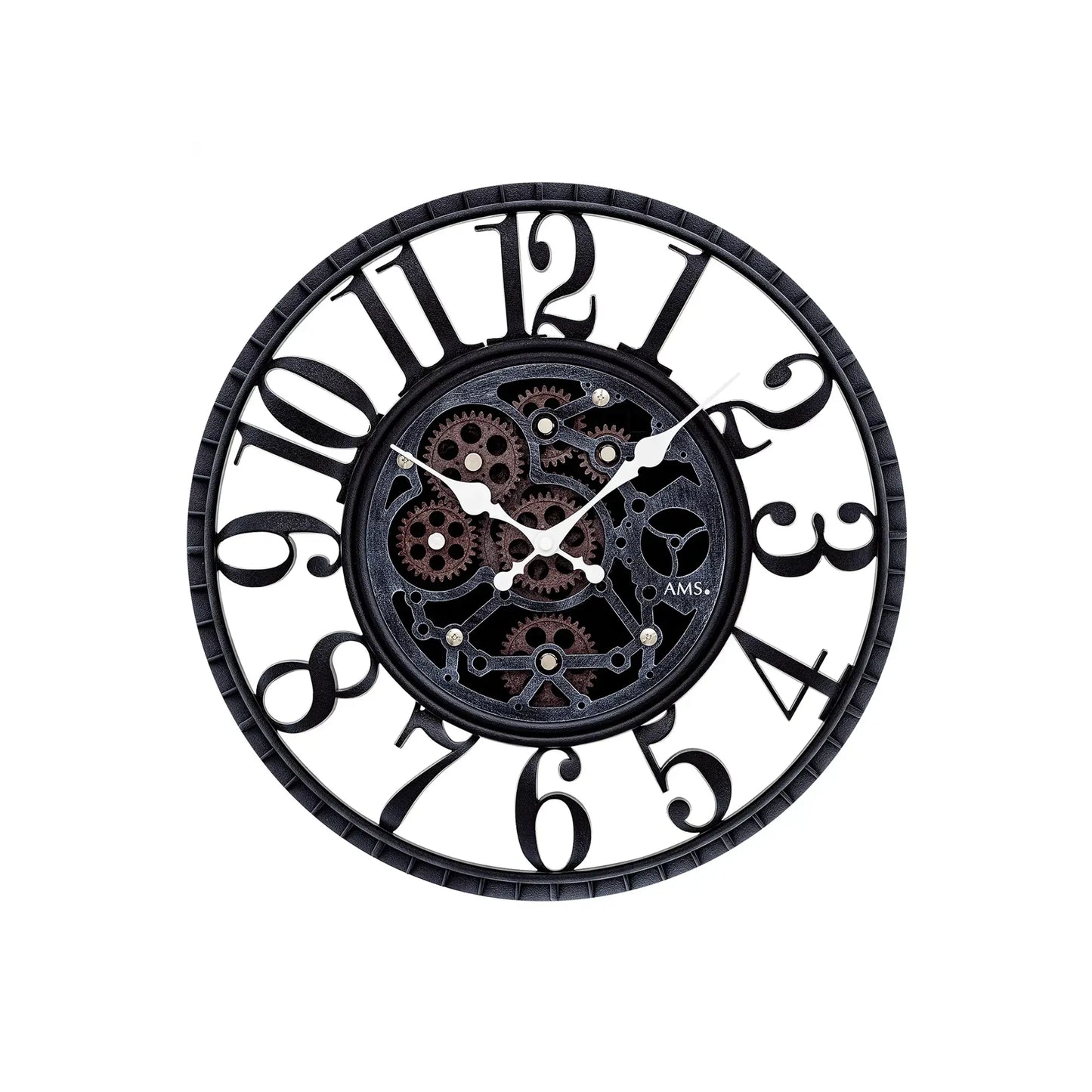 Wanduhr mit römischen Ziffern und sichtbarer Zahnrad-Mechanik in Antik-Optik