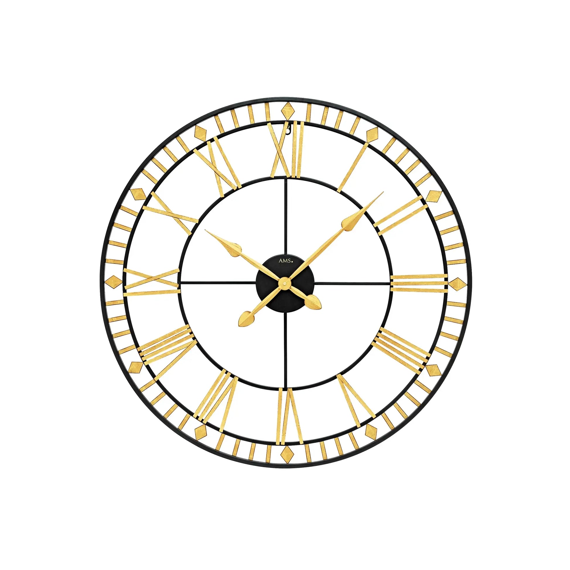 XXL-Wanduhr, rundes schwarzes Gehäuse mit goldenen Ziffernmarkierungen und drei Zeigern