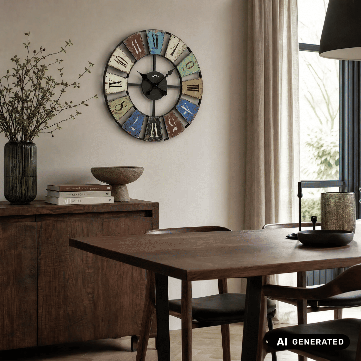 An der Wand montierte Retro-Wanduhr mit farbigem Ziffernring und schwarzen Zeigern