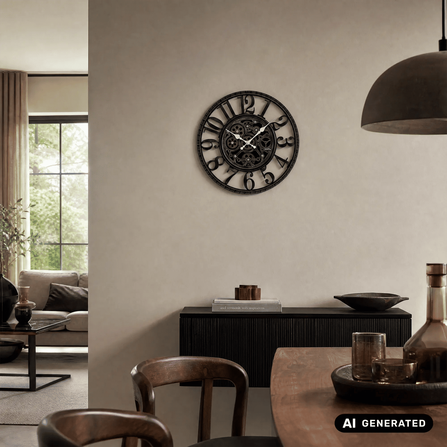 Wanduhr an der Wand mit sichtbaren Zahnrädern und römischen Ziffern