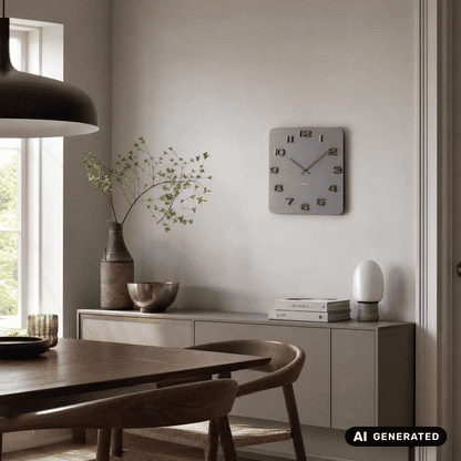 Quadratische Wanduhr in Grau mit offenem Zifferblatt und schlanken Metallzeigern