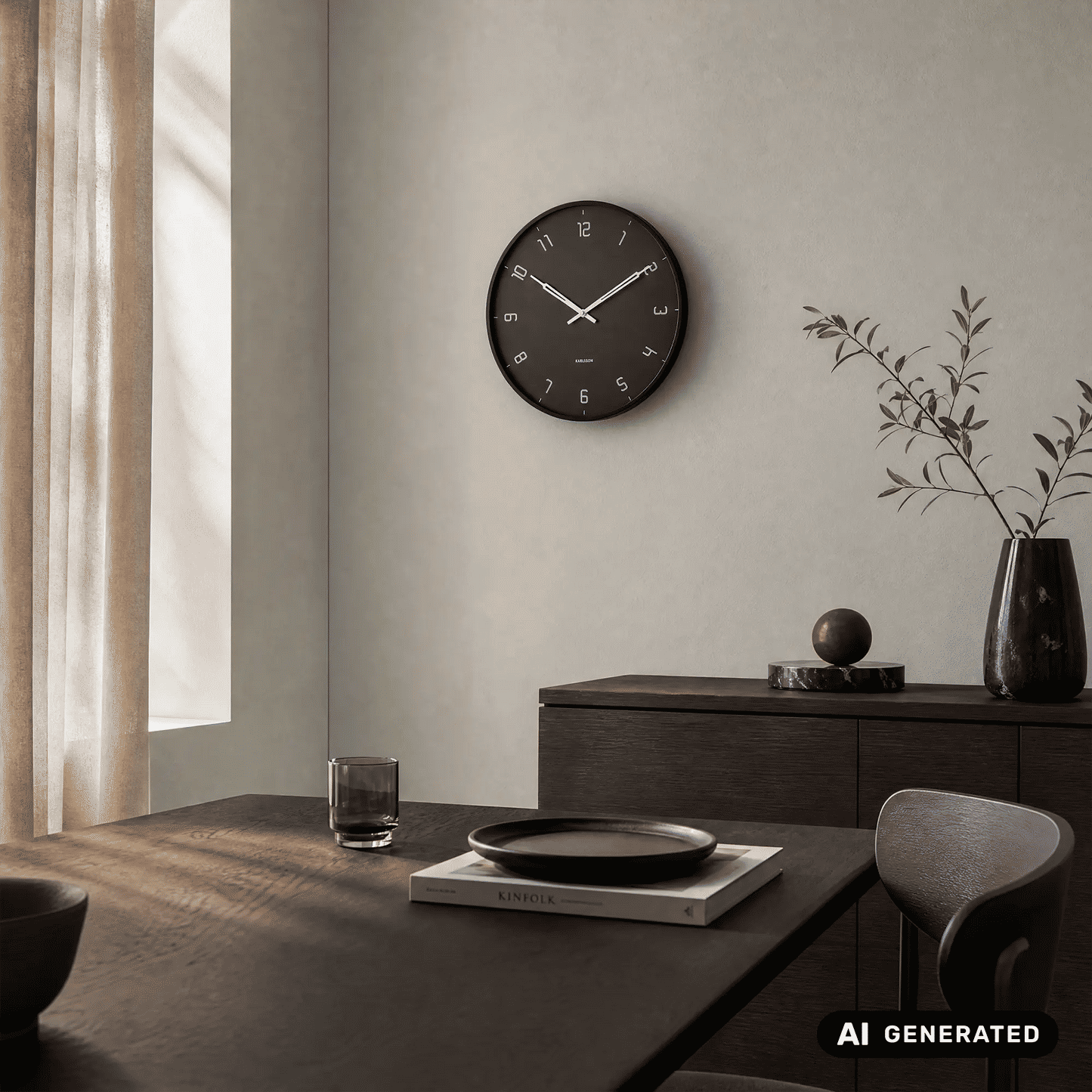 Schwarze Wanduhr mit Analog-Ziffern und weißen Zeigern, rundes Gehäuse