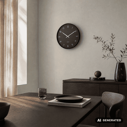 Schwarze Wanduhr mit Analog-Ziffern und weißen Zeigern, rundes Gehäuse