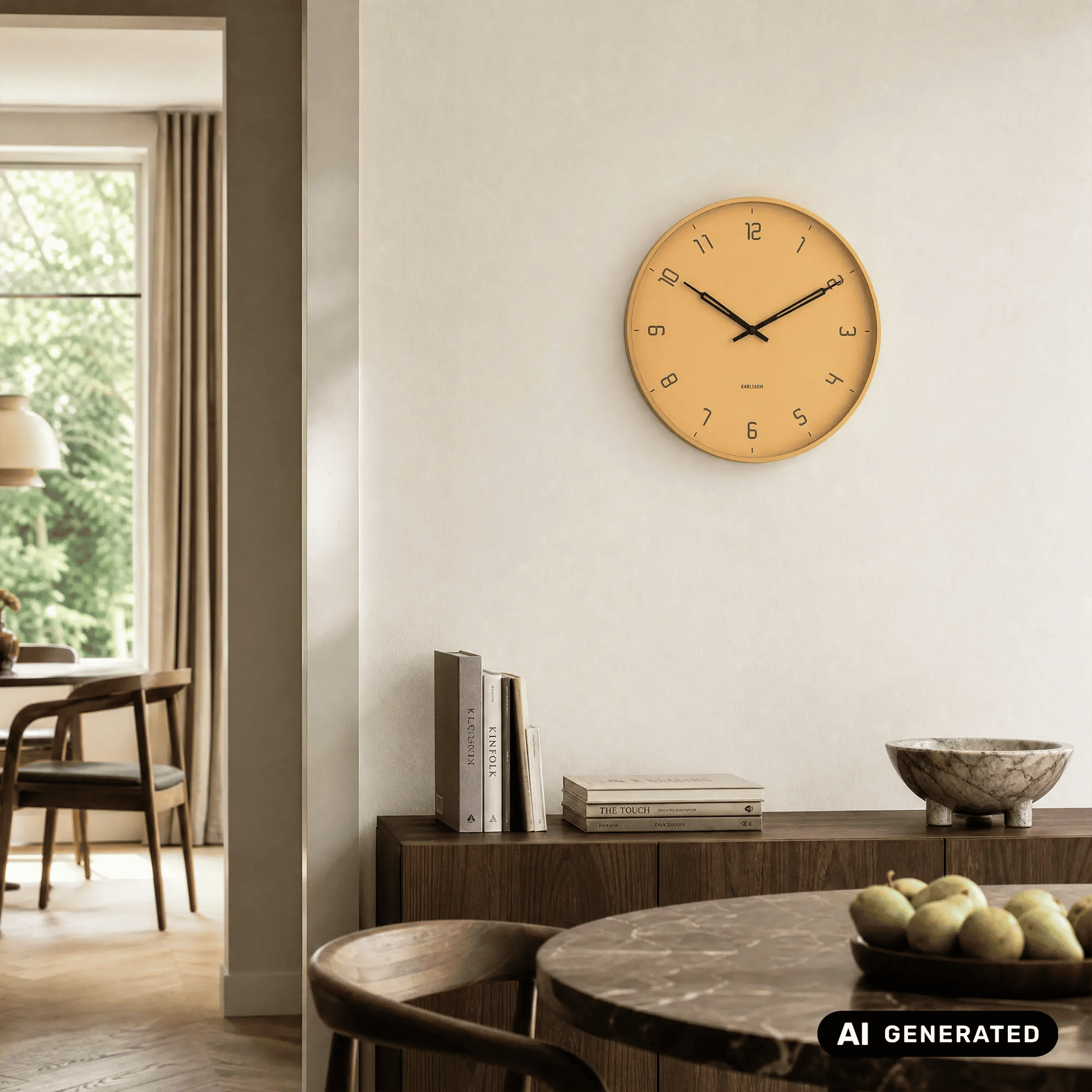 Wanduhr rund, honiggelbes Zifferblatt mit schwarzen Zeigern und arabischen Ziffern