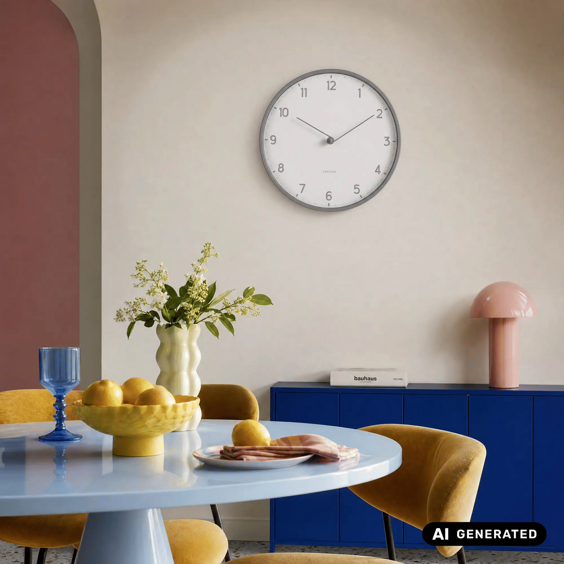 Karlsson Wanduhr an der Wand, rund, mit dunkelgrauem Rahmen und weißem Zifferblatt