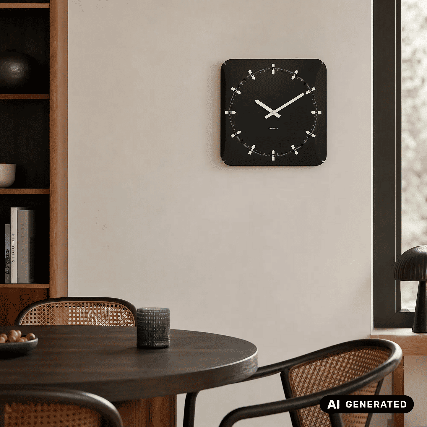 Quadratische schwarze Wanduhr mit weißen Zeigern und weißen Indexstrichen