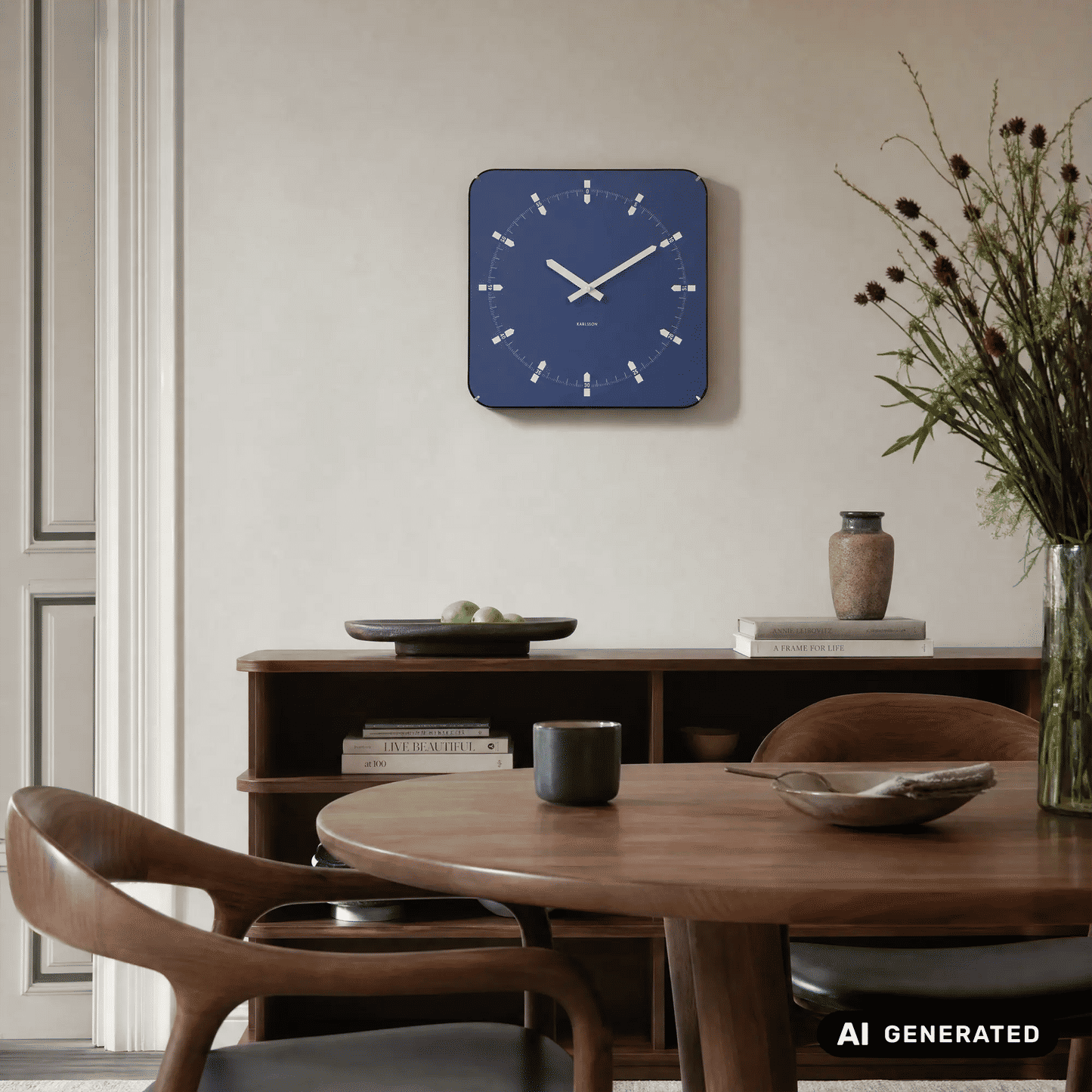 Quadratische Wanduhr in Marineblau mit weißen Zeigern und Markierungen, glänzender Dome-Rahmen