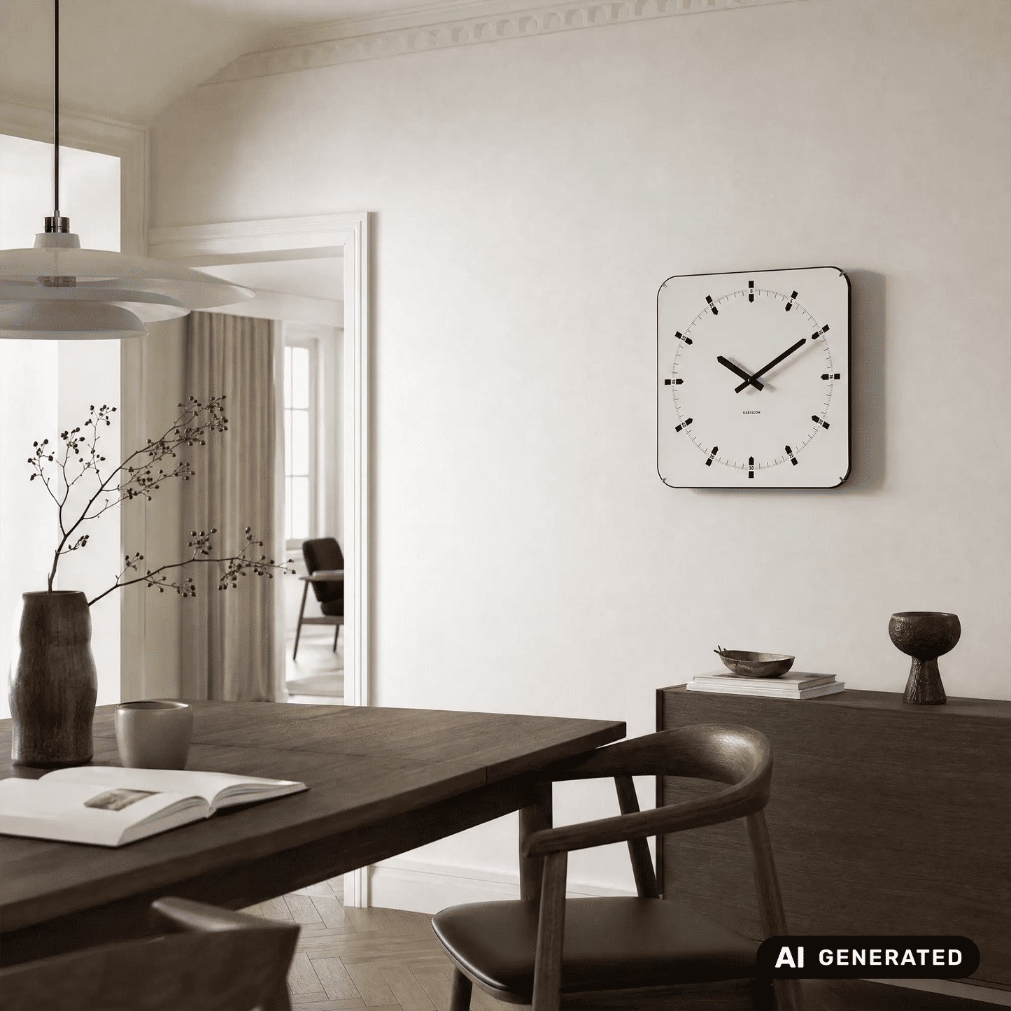 Quadratische Wanduhr: weißes Zifferblatt, schwarzer Rahmen, schwarze Zeiger und Marker.