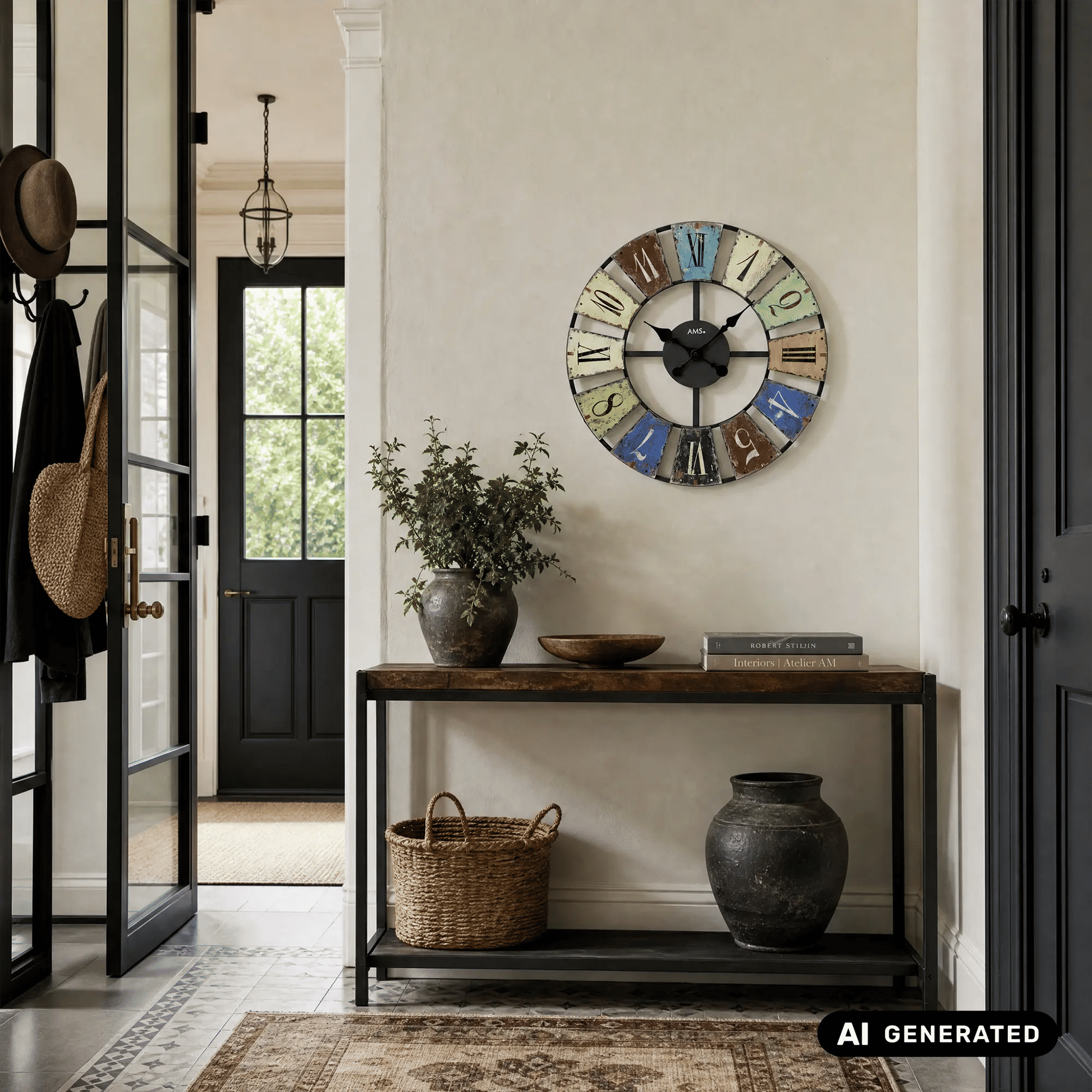 Retro-Wanduhr mit farbigem Ziffernring, schwarzem Zentrum und deutlich sichtbaren römischen Ziffern