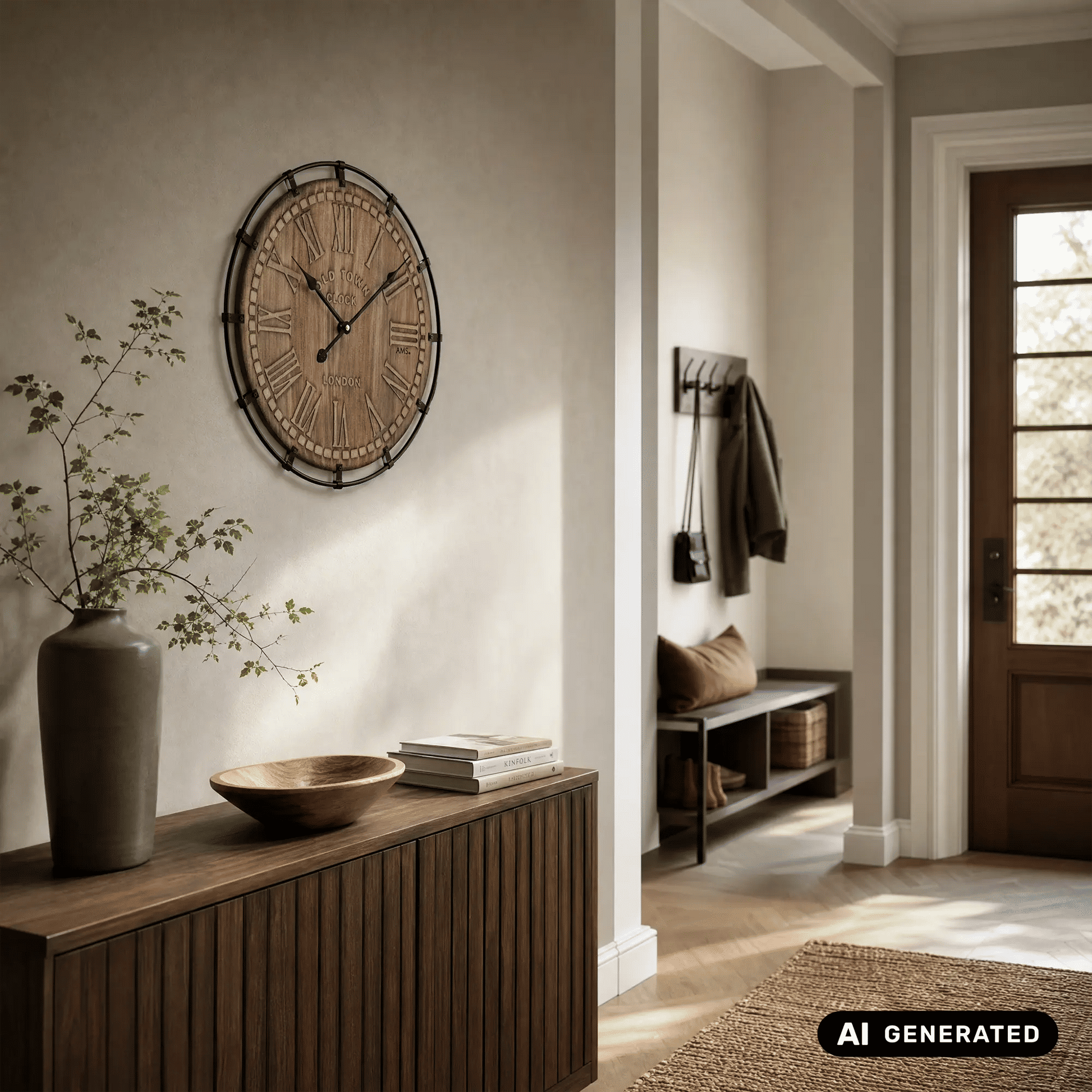 Wanduhr rund an der Wand: Holz-Zifferblatt mit römischen Zahlen und schwarzem Rahmen