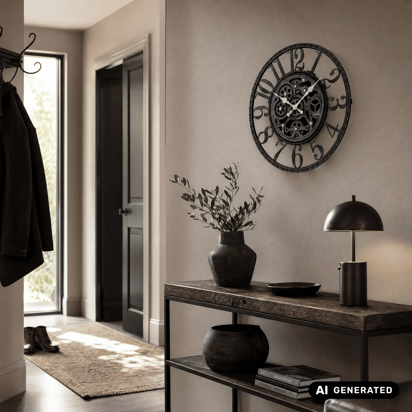 Wanduhr an der Wand, dunkles Zahnrad-Design mit römischen Zahlen