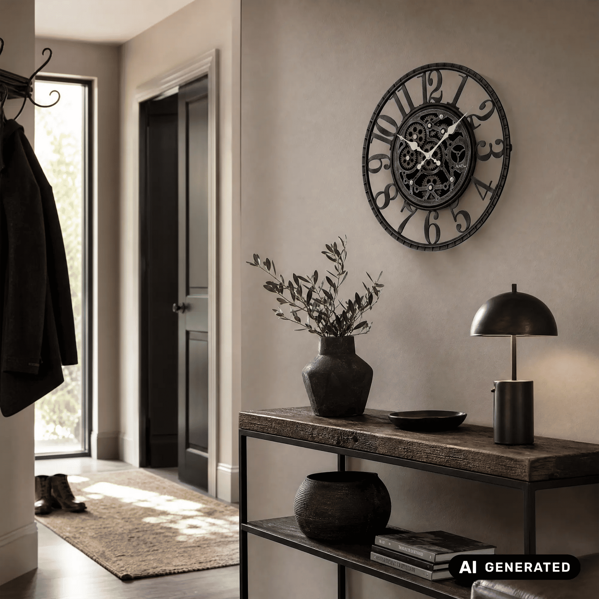 Wanduhr an der Wand, dunkles Zahnrad-Design mit römischen Zahlen