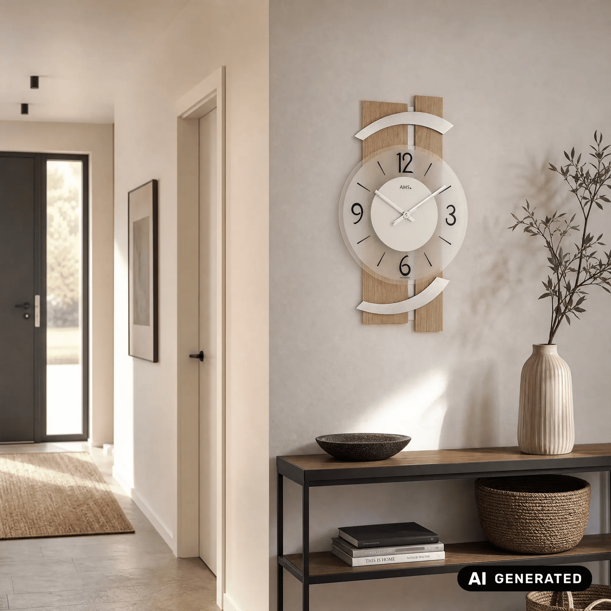 Wanduhr an der Wand: weißes Zifferblatt, schwarze Zahlen und Holz-Drum mit Metallteilen
