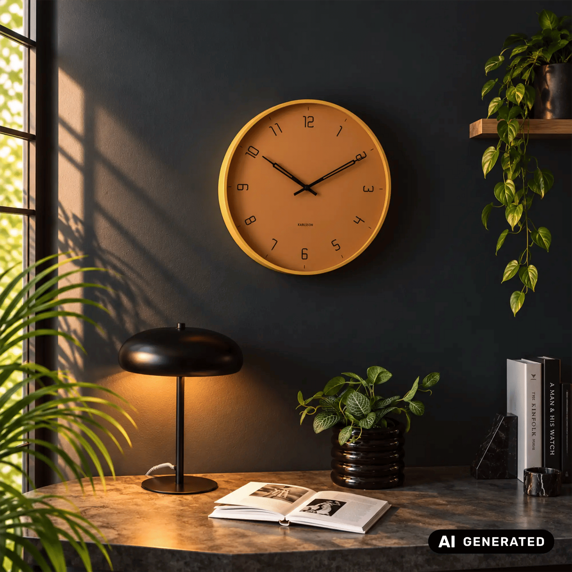 Wanduhr rund mit honiggelbem Zifferblatt, schwarzen Zeigern und gut sichtbaren Ziffern