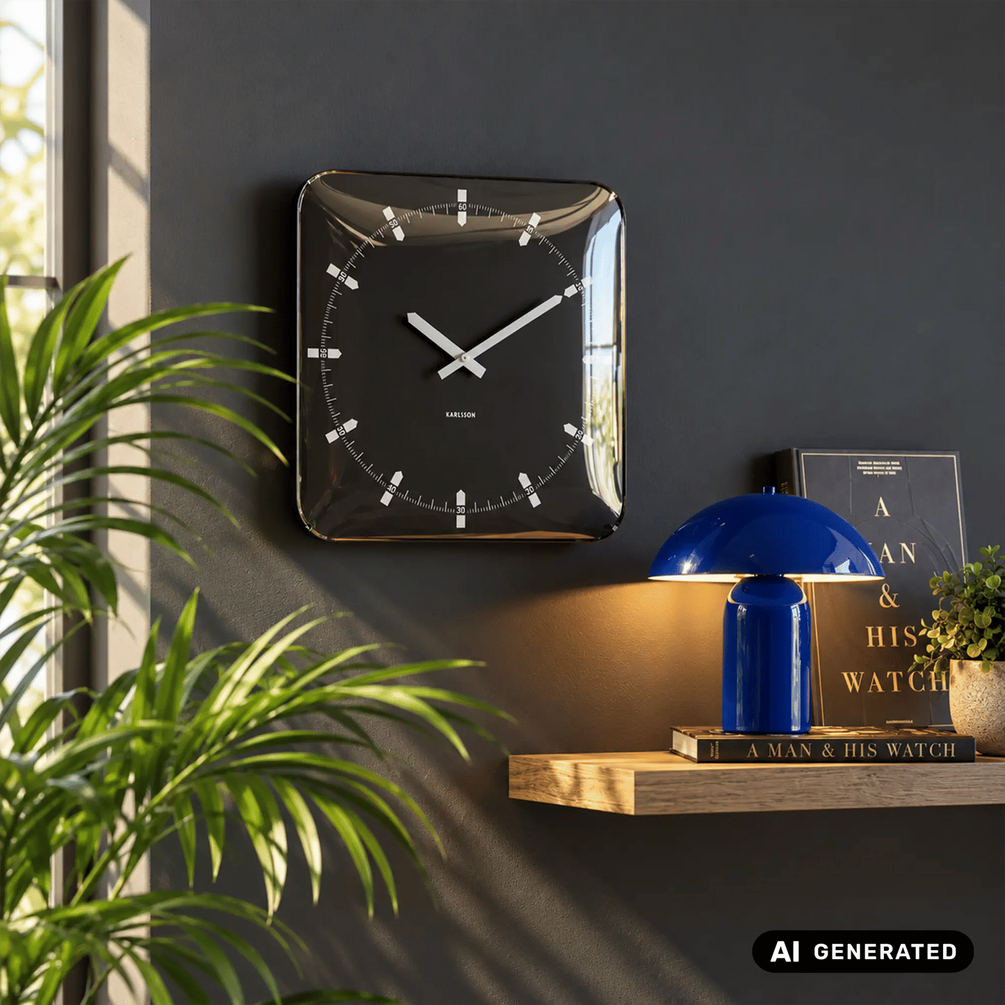 Quadratische schwarze Wanduhr mit Glasdome, weißen Zeigern und Indexstrichen