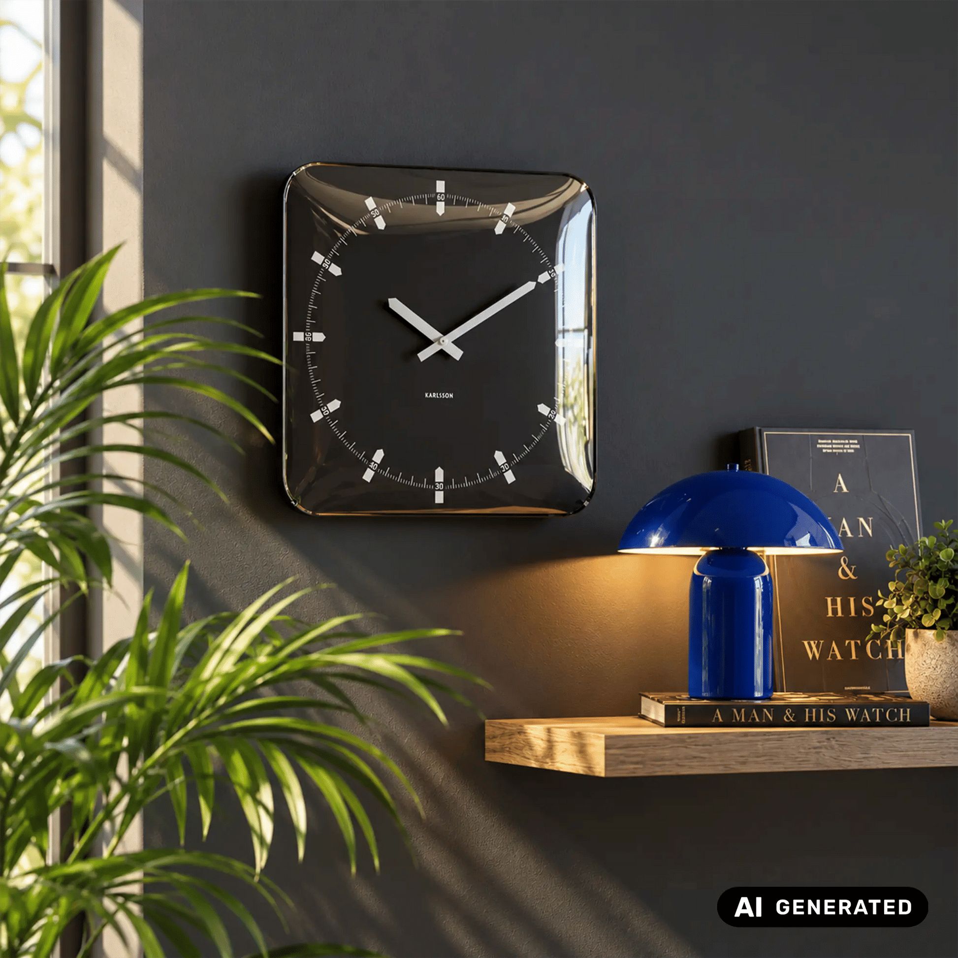 Quadratische schwarze Wanduhr mit Glasdome, weißen Zeigern und Indexstrichen