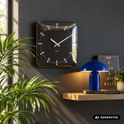 Quadratische schwarze Wanduhr mit Glasdome, weißen Zeigern und Indexstrichen