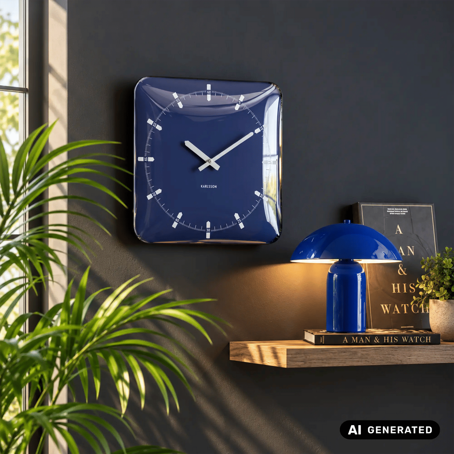 Quadratische Wanduhr, marineblauer Ziffernring mit weißen Stundenskalen und Zeigern
