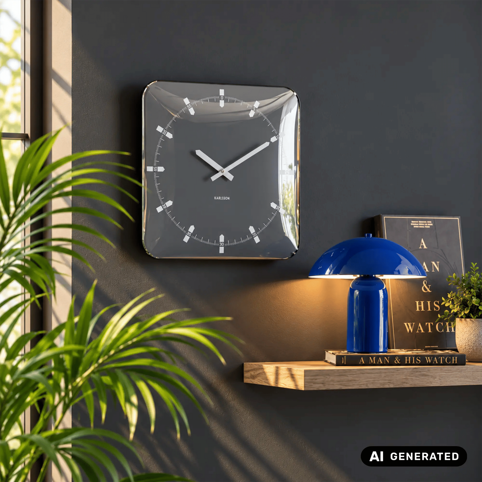 Quadratische Wanduhr grau mit weißen Zeigern und römischen Indexen, Glasdome sichtbar