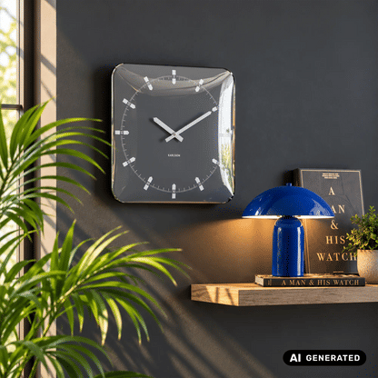 Quadratische Wanduhr grau mit weißen Zeigern und römischen Indexen, Glasdome sichtbar